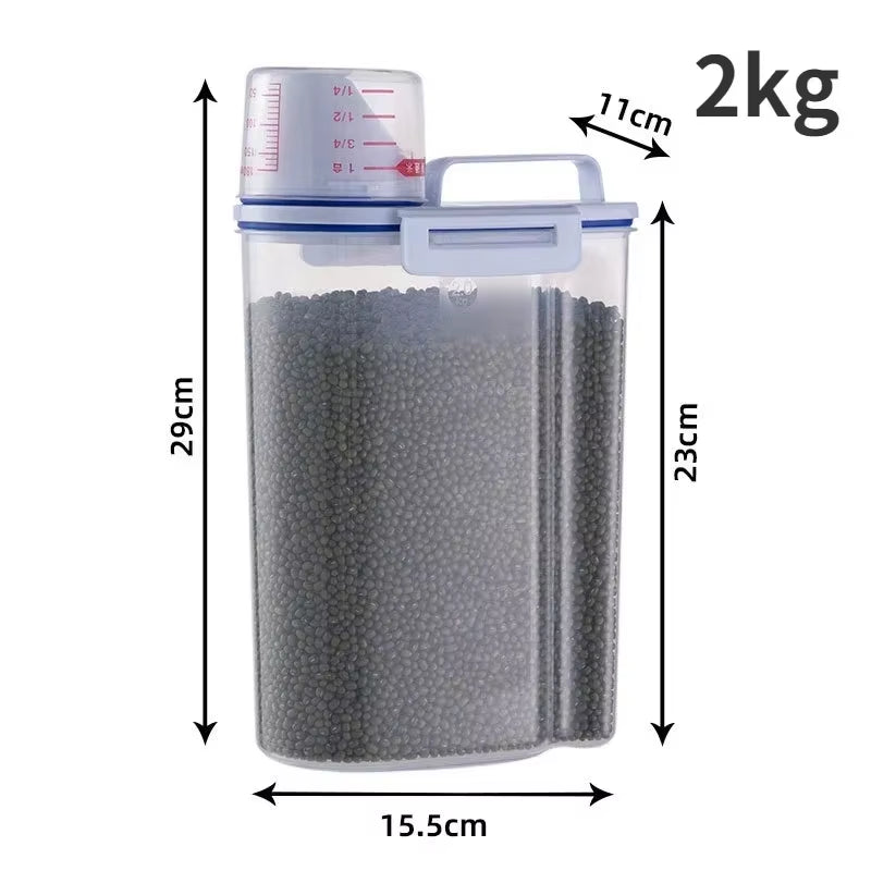 1.5Kg/2Kg Dog Cat Food Pail Plastic Storage Tank with Measuring Cup Container Moisture-Proof Sealed Jar Pet Supplies Accessories